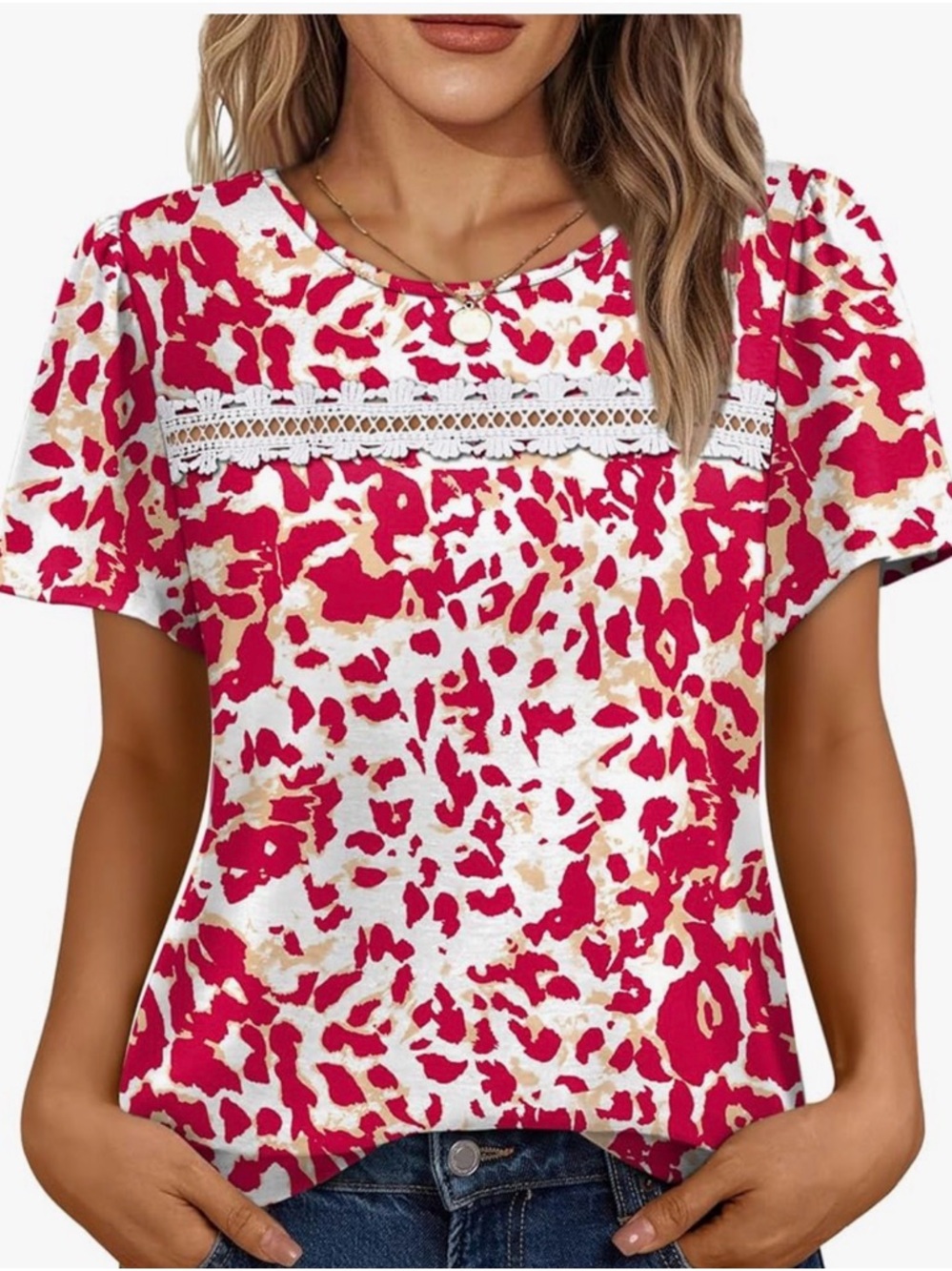 Lace-Trim Pink and Cream Leopard Print Short Sleeve Top. Size Large